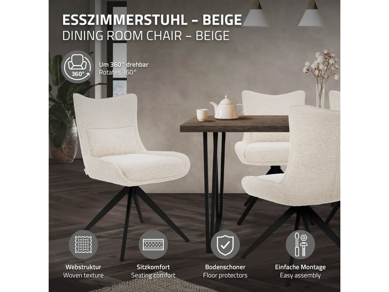 Ml-design chaise salle à manger pivotante à 360° en tissu bouclette beige, piètement étoile en acier robuste, coussin lombaire intégré, siège rembourré confortable pour salon et cuisine, max 120 kg - Conforama B