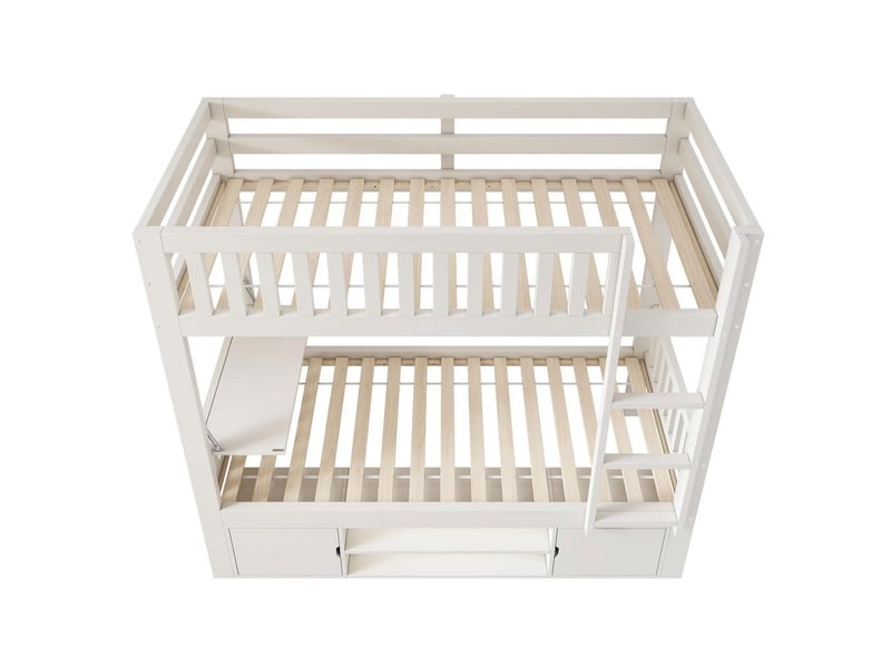 Lit superposé enfant blanc 90x200 cm plateau table rabattable étagère chaussures intégrée sommier lattes tout-en-un certifié - Conforama E