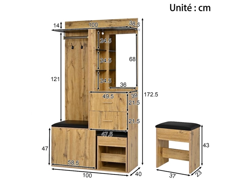  Vestiaire d'entrée tout-en-un avec banc et miroir mdf 100x40x172,5 cm naturel et noir  - Conforama E