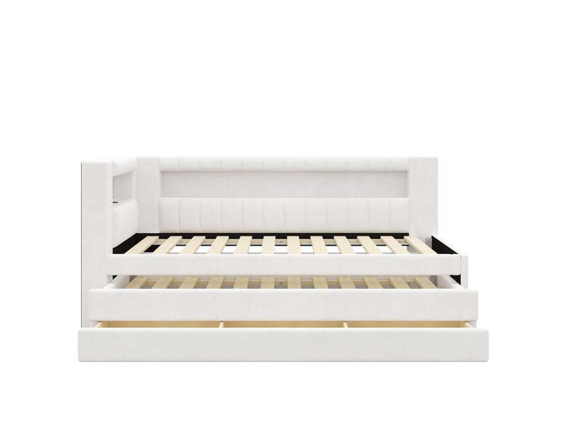 Lit gigogne extensible 90/180x200 cm avec bureau, led 7 couleurs, ports usb, tissu lin rose, sans matelas - Conforama E
