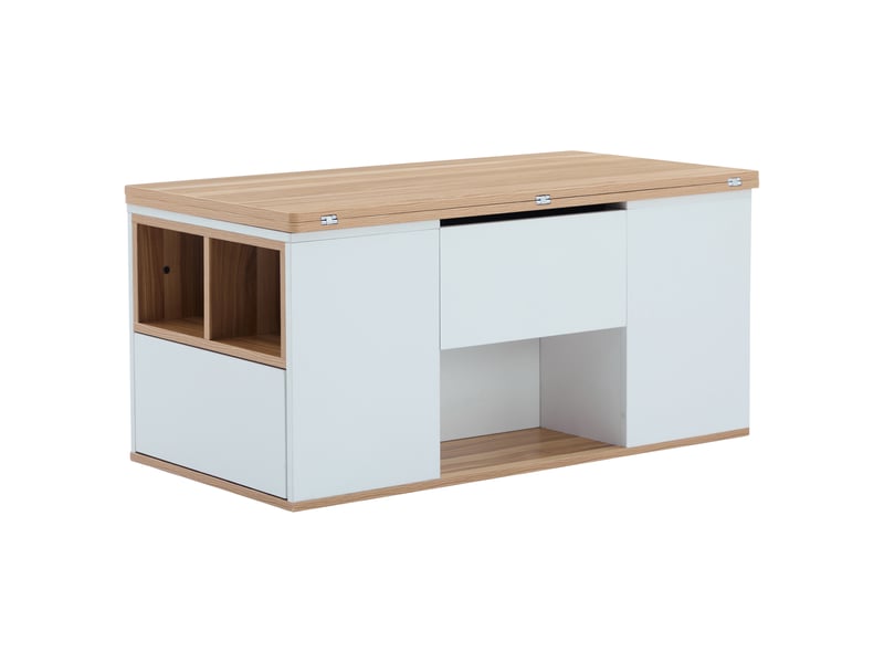  Table basse relevable multifonction - 2 plateaux amovibles, grand rangement - blanc  - Conforama A