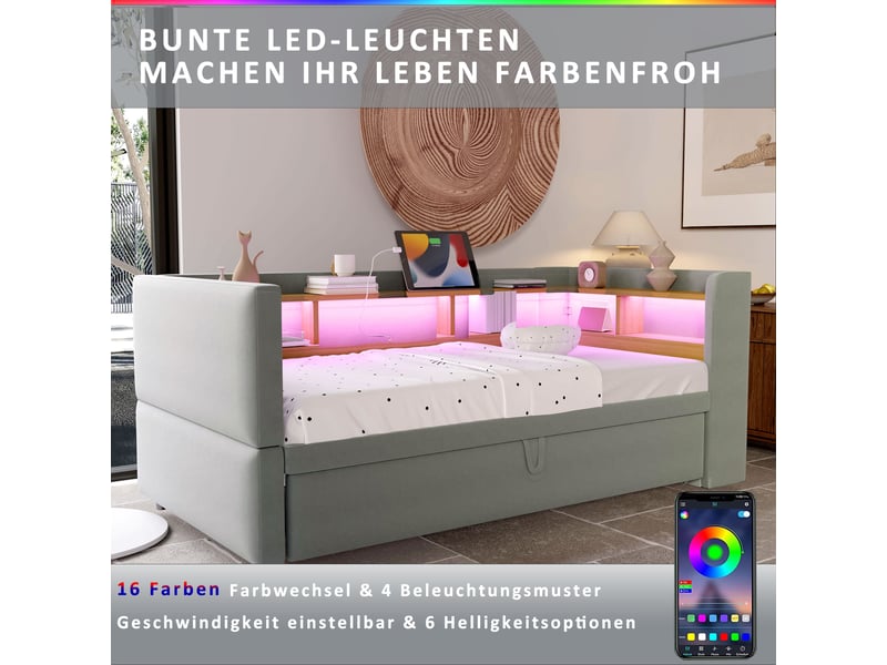  Lit canapé capitonné 90180*190cm, couchage extractible, éclairage led, prises et compartiments, flanelle gris clair  - Conforama C