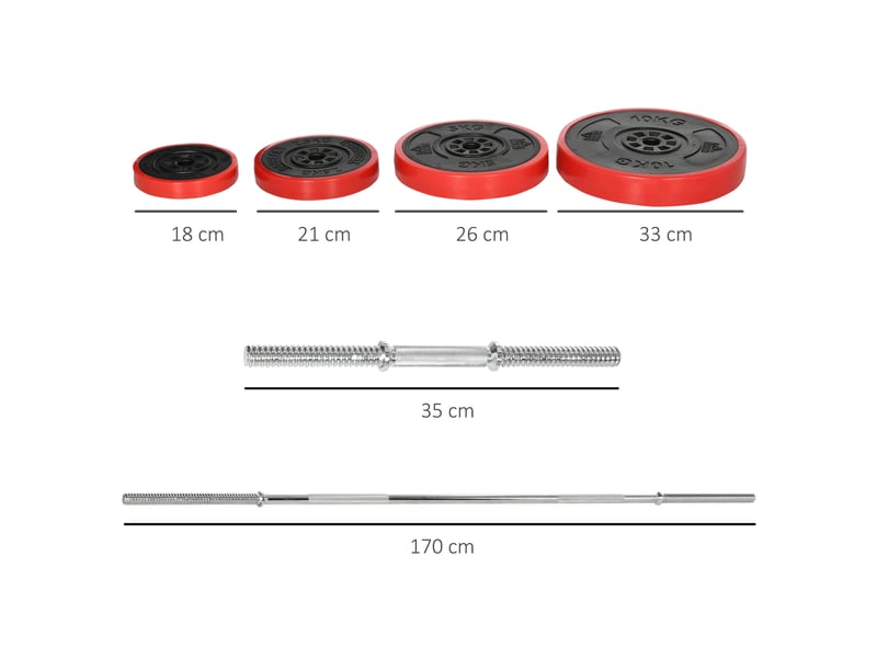  Ensemble haltères et disques, 65 kg au total, pour entraînement à domicile, en métal, sable de fer et caoutchouc, rouge  - Conforama E