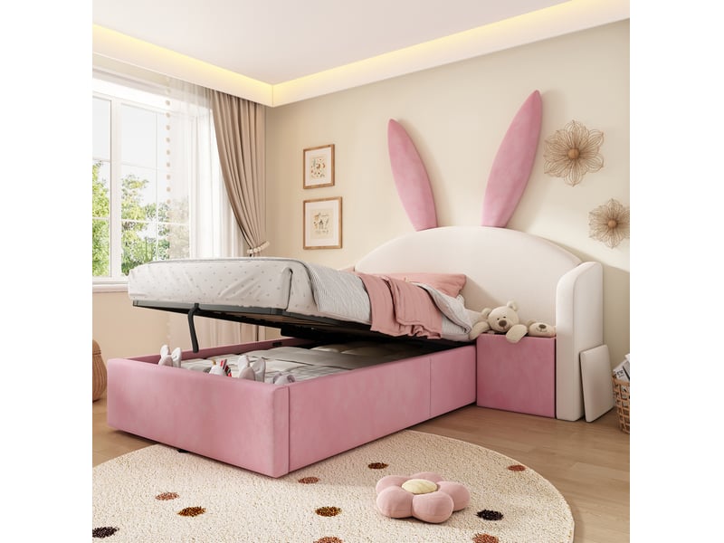  Lit enfant 90x200 cm rangement hydraulique table de chevet en velours beige et rose  - Conforama D