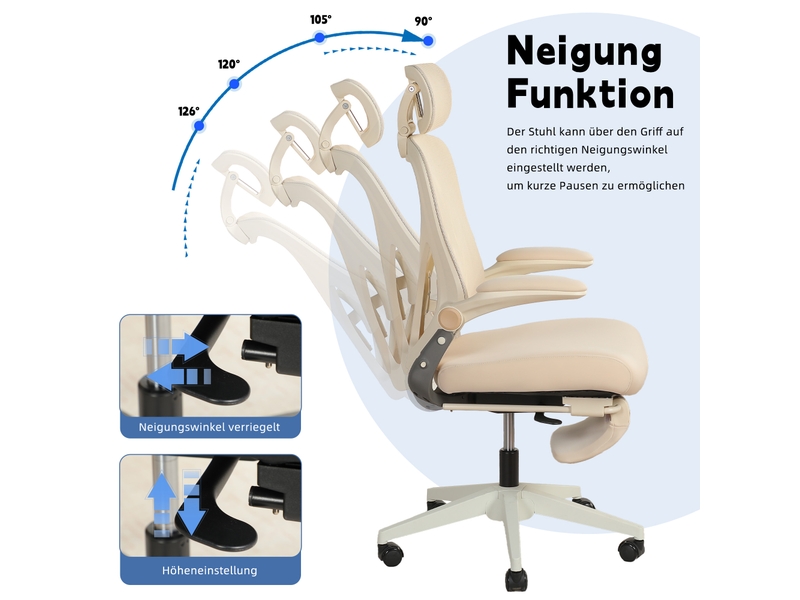  Chaise de bureau ergonomique pliable avec appui-tête 3d et soutien lombaire - lpospi - maille et mousse - crème  - Conforama C