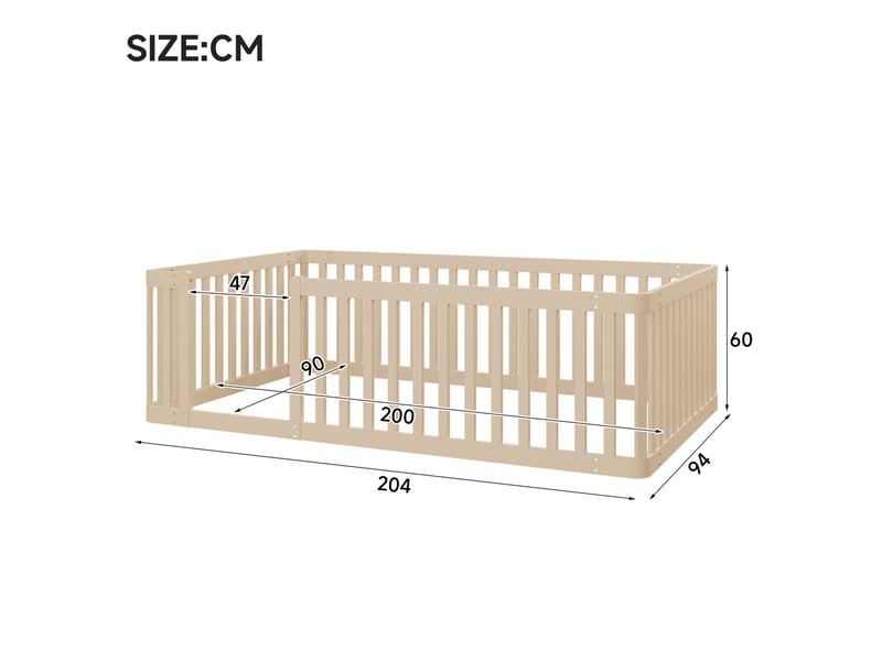  Elvmi lit enfant 90x200 cm en bois de pin massif coloris creme, cadre de lit au sol avec barrieres de securite semi-fermees et ouverture laterale, sommier integre, structure robuste, montage facile, style cabane pour chambre d'e…  - Conforama C