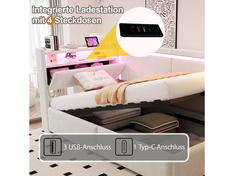  Lit simple à vérins avec éclairage led et port usb, canapé-lit rembourré 90x200 cm avec tête de lit en velours, beige, lit enfant  - Conforama E