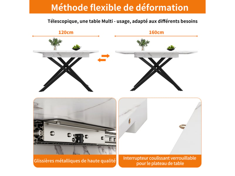  Table à manger extensible blanc et noir, rangement, effet marbre, confort, solide, robuste - mdf et métal - 120-160x80x76.5cm  - Conforama B