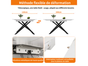 Table à manger extensible blanc et noir, rangement, effet marbre, confort, solide, robuste - mdf et métal - 120-160x80x76.5cm