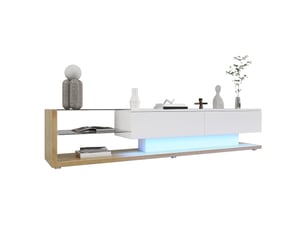 Meuble tv blanc laqué et bois 170 cm avec led réglable, banc tv moderne pour écrans 50-59 pouces