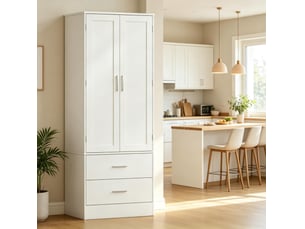 Buffet de cuisine blanc 2 portes, 2 tiroirs et 8 rangements à épices, 60 x 40 x 159 cm, idéal pour petits espaces