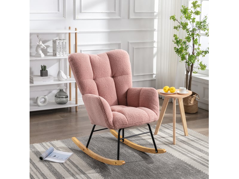  Fauteuil à bascule style vintage, structure en bois, rose, revêtement teddy et mousse, relaxe à oreilles  - Conforama D