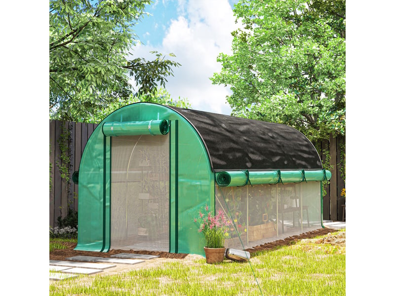 Serre tunnel 4,5 x 2 x 2 m avec bâche pe 140 gm², parois latérales enroulables, 8 fenêtres et 2 portes, couleur verte - Conforama C