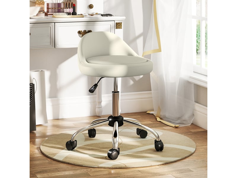  Tabouret à roulettes de travail pivotant 360° avec hauteur réglable 53-73 cm et revêtement synthétique blanc  - Conforama D