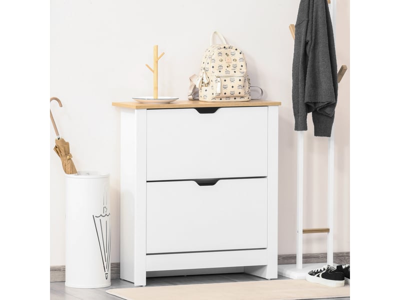  Meuble à chaussures 12 paires, armoire à chaussures étroite avec 2 tiroirs rabattables et étagères réglables, style moderne, pour couloir, entrée, blanc et bois naturel, 72 x 26 x 80 cm  - Conforama D