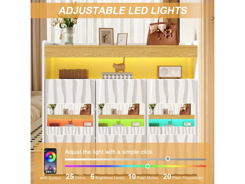  Buffet avec éclairage led 3 portes motif vague 105 cm blanc et naturel  - Conforama D