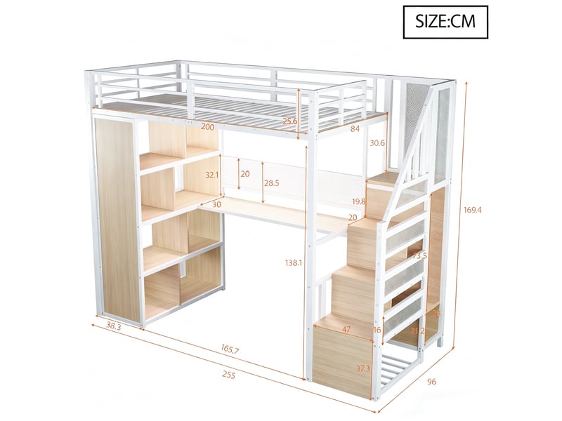 Lit mezzanine enfant 90x200 cm – blanc – bureau, rangement, armoire, led et prises intégrées - sans matelas - Conforama C