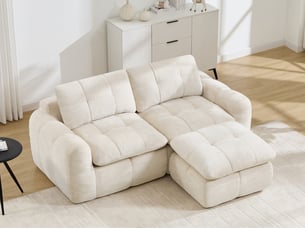 Canapé d'angle modulable 2 places en tissu chenille, forme l avec pouf, beige