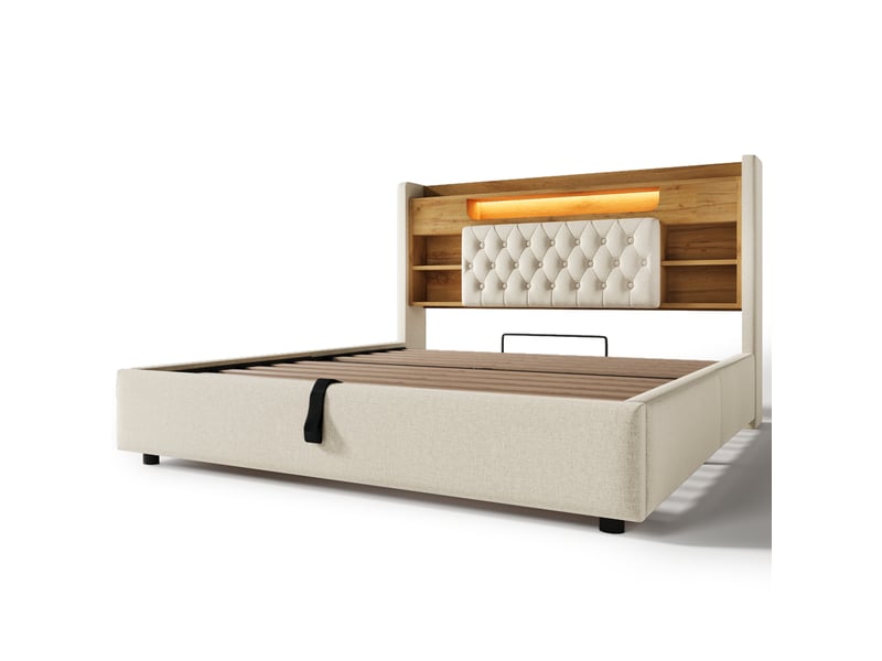  Lit coffre 140 × 190 cm, lin, beige, led, usb-c IKSETERA TRADING LTD - Conforama W
