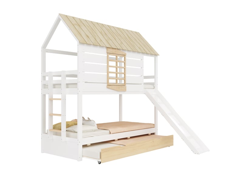 Lit superposé 90x200 cm coloris blanc+naturel pin lit enfant bicolore - Conforama A