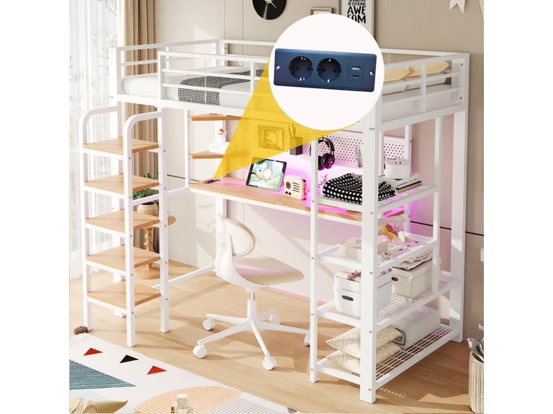 Lit mezzanine simple 90×200 cm avec bureau et led - okmyhome- prises, étagères et échelle, sans matelas, métal blanc - Conforama E