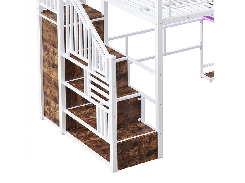  Lit mezzanine avec bureau, armoire et échelle de rangement, éclairage led, blanc, couchage 140 x 200 cm  - Conforama W