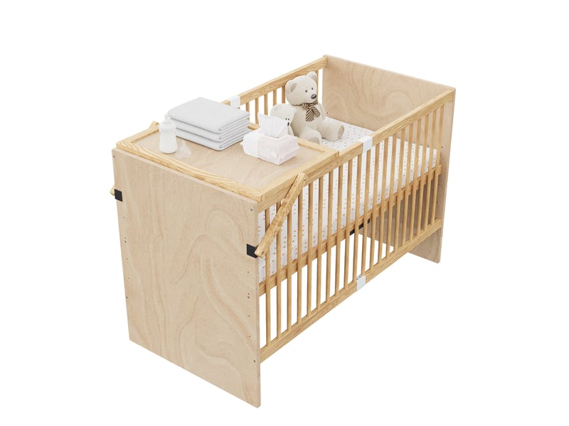 Lit bébé 70 × 140 cm avec plan à langer, 4 hauteurs de sommier, sans matelas, en pin, naturel - Conforama A