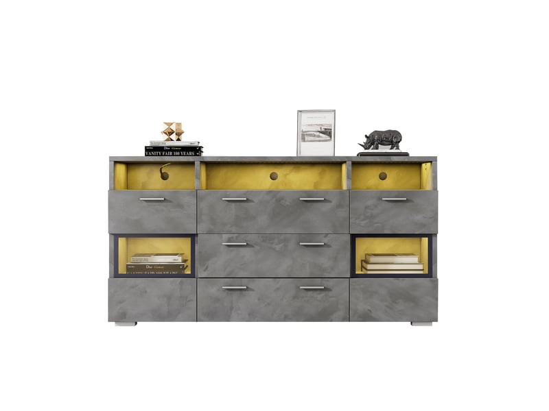  Buffet moderne 140x33,5x72,5 cm avec éclairage led, 2 portes en acrylique transparent et 3 tiroirs - couleur grise  - Conforama A