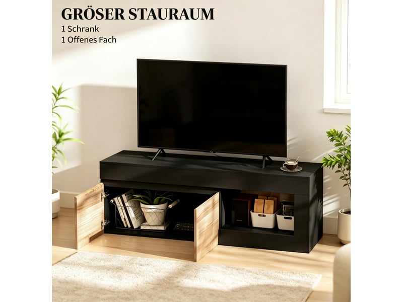  Meuble tv noir et bois clair 140 cm, 2 portes et étagère ouverte, jusqu'à 60 pouces, rangement pratique  - Conforama D