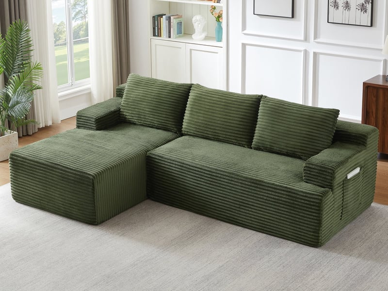  Canapé d’angle 4 places vert en velours côtelé, style nuage avec méridienne droite, modulable et convertible  - Conforama B