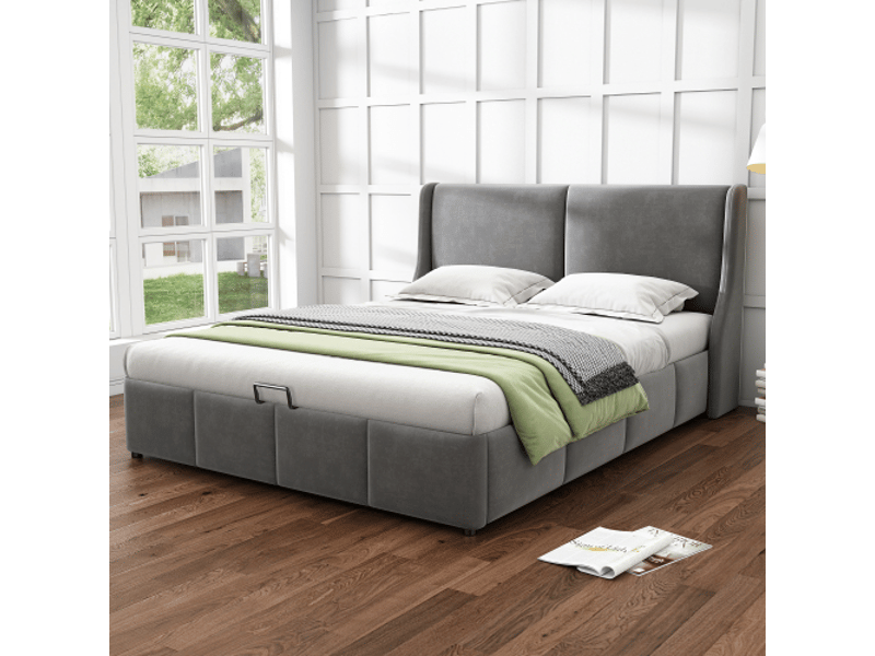 Lit double capitonné gris 180x200 cm – coffre hydraulique et tête de lit - Conforama B