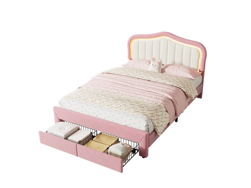  Lit enfant 2 personnes 140x200 cm rose en velours, led avec application et 2 tiroirs, tête blanche, sans matelas  - Conforama A