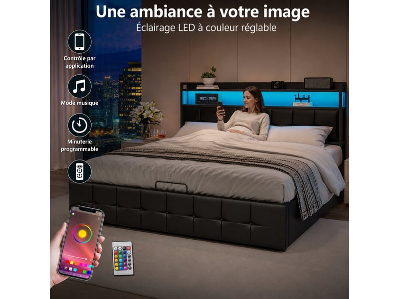  Lit coffre 160x200 cm avec sommier, lit 2 places avec led et usb, lit adulte avec coffre, lit de rangement avec tête de lit, pu noir  - Conforama R