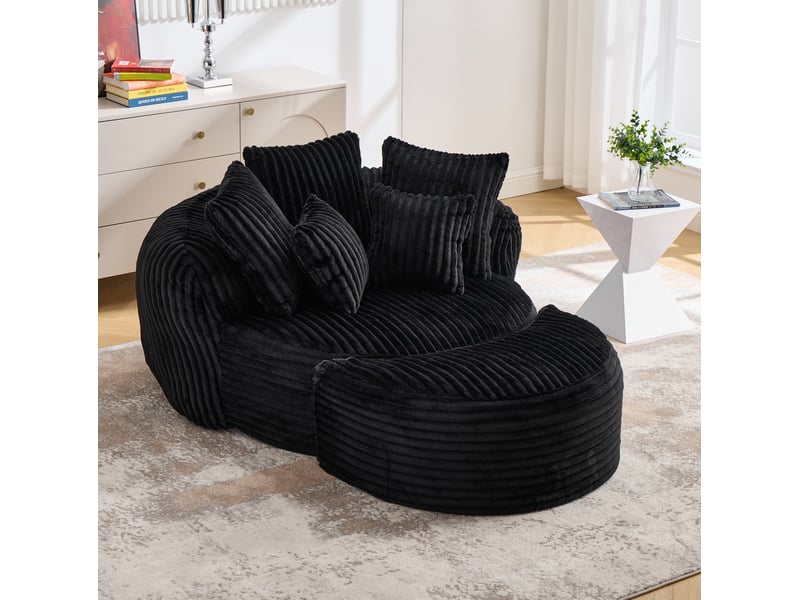  Fauteuil avec pouf rond sans pieds, dossier enveloppant, accoudoirs et cinq coussins en chenille noir  - Conforama B