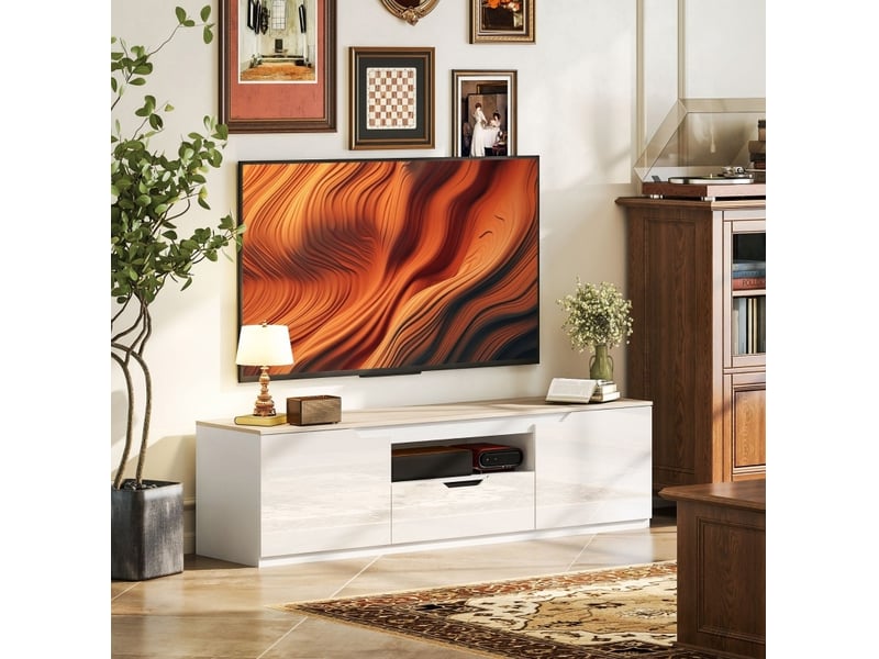  Meuble tv finition brillante 160 x 38 x 43 cm, 2 portes, tiroir, naturel  - Conforama B