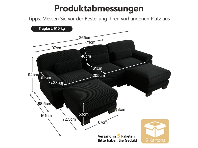 Canapé modulable en u - 3 places - 2 ottomans - velours côtelé - mobilier de salon - grand confort - assise confortable - noir CozyNest - Conforama D