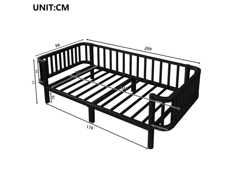  Lit simple 90 × 200 cm banquette en métal, sommier à lattes et cadre à trois côtés, noir, chambre 209 × 98 × 57 cm  - Conforama C