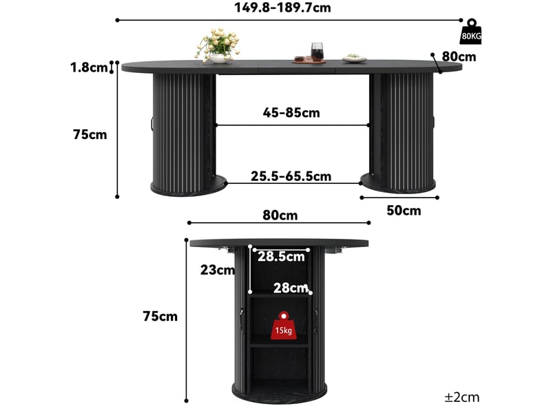 Table extensible avec rangement dissimulé et plateau modulable pour salle à manger, en mdf noir, 150 × 80 × 75 cm - Conforama E