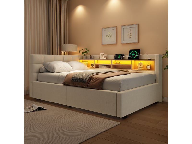 Lit coffre hydraulique 90x200 cm avec led dimmable, étagères, usb et tête réversible, tissu lin beige, sans matelas - Conforama W