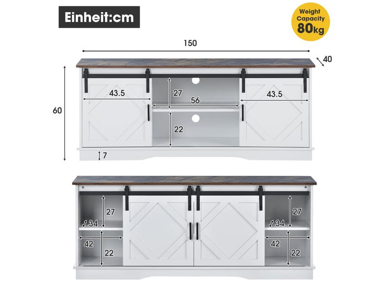  Meuble tv modenvie 150 x 40 x 60 cm avec portes coulissantes et rangements blanc et marron  - Conforama C