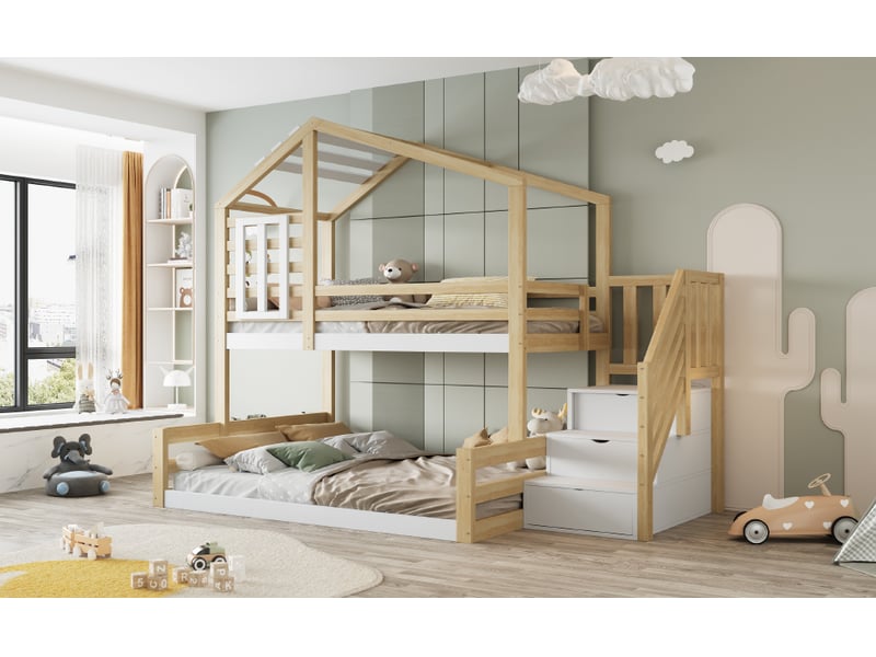  Lit superposé cabane 90 × 200 cm, forme maison, barrières latérales, escalier, naturel  - Conforama B