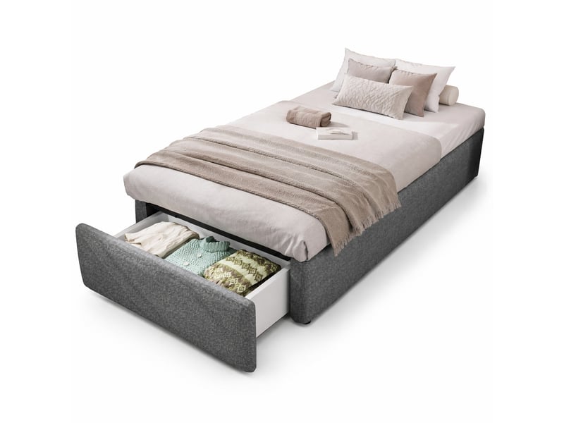Sommier 90x200 cm, gris, avec espace de rangement et 1 tiroir, lit coffre enfant, revêtement coton-lin, sans matelas ni tête - Conforama A
