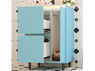 Meuble vasque bleu 61 cm avec vasque céramique intégrée, 2 tiroirs, 1 porte, style scandinave
