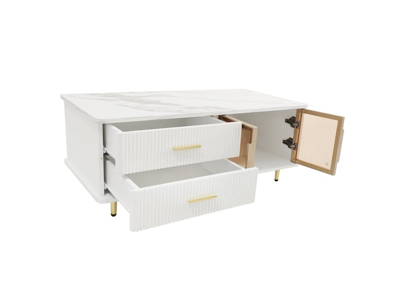  Meuble tv et table basse 170x37x47,5 cm et 100x50x40 cm avec éclairage à couleurs variables, panneau de particules, blanc et doré  - Conforama E