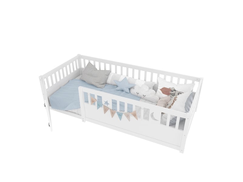  Lit enfant 90 x 190 cm avec barrières, portillon verrouillable et décor étoiles et lune, sans sommier à lattes, pin et contreplaqué, blanc Fay Lum - Conforama A