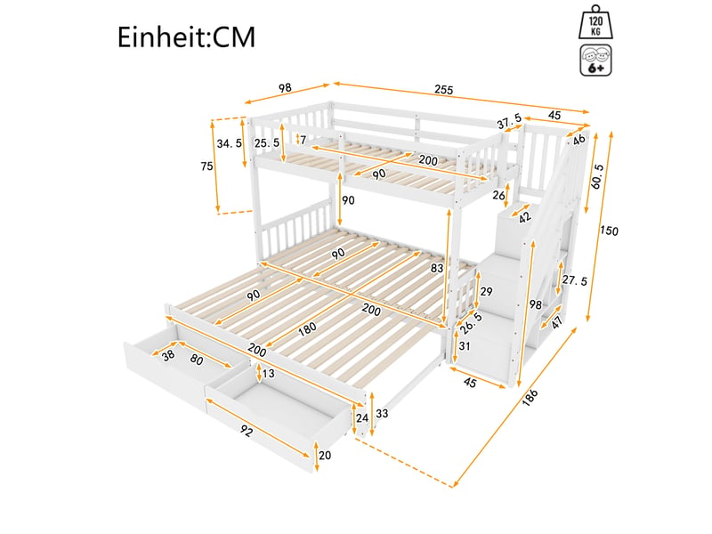  Modenvie lit superposé 90x200 cm - avec lit gigogne, 2 tiroirs et escalier de rangement, sans matelas - blanc  - Conforama C