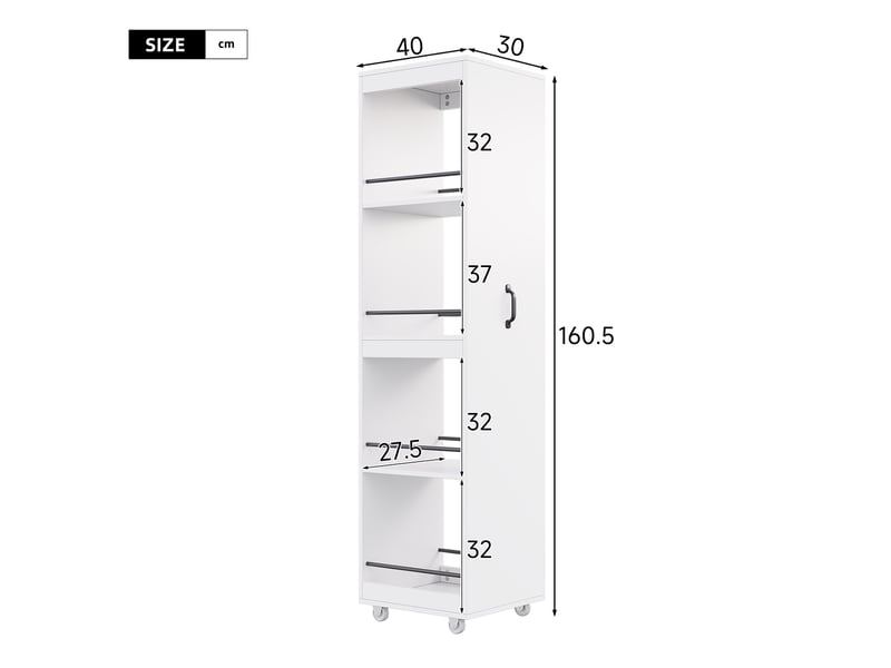  Bibliothèque étroite - 40x30x160.5cm - meuble de rangement sur roulettes avec barres anti-chute, 4 niveaux - blanc  - Conforama E