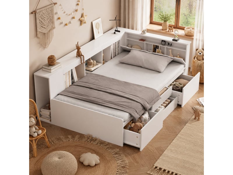  Lit enfant 90 x 200 cm avec rangements, étagères et tiroirs - blanc  - Conforama D