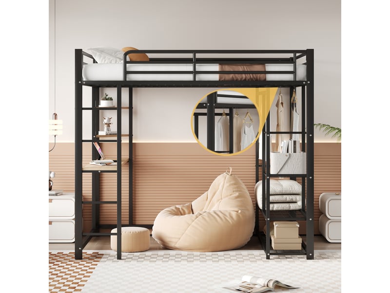 Lit mezzanine enfant 140x200 cm, table, étagère, garde-corps, sommier, métal noir, sans matelas - Conforama B