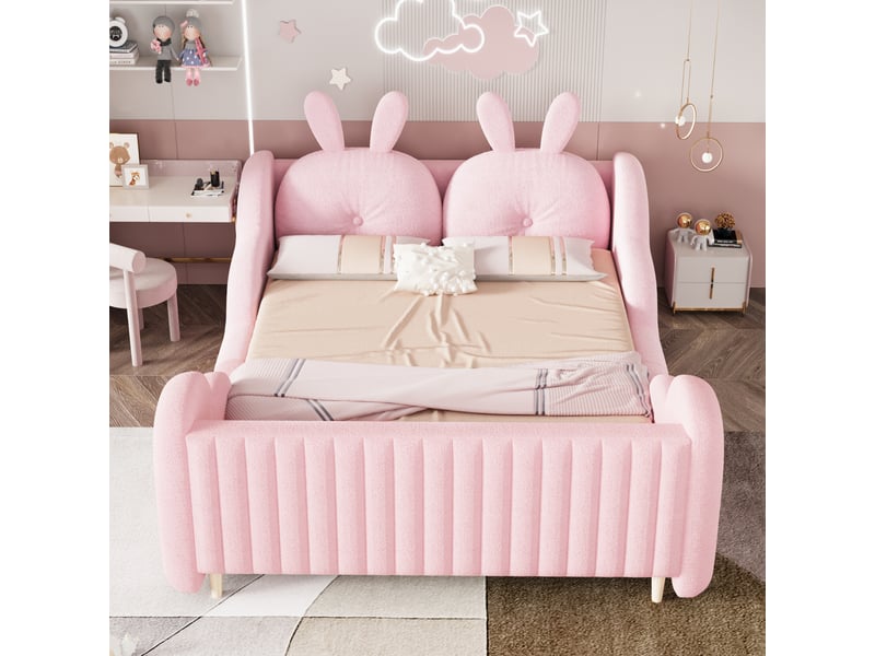 Lit 140x200cm - tissu teddy velours rose - coussins oreilles de lapin - barrières latérales nuage - structure bois renforcée - capacité 140kg - Conforama B